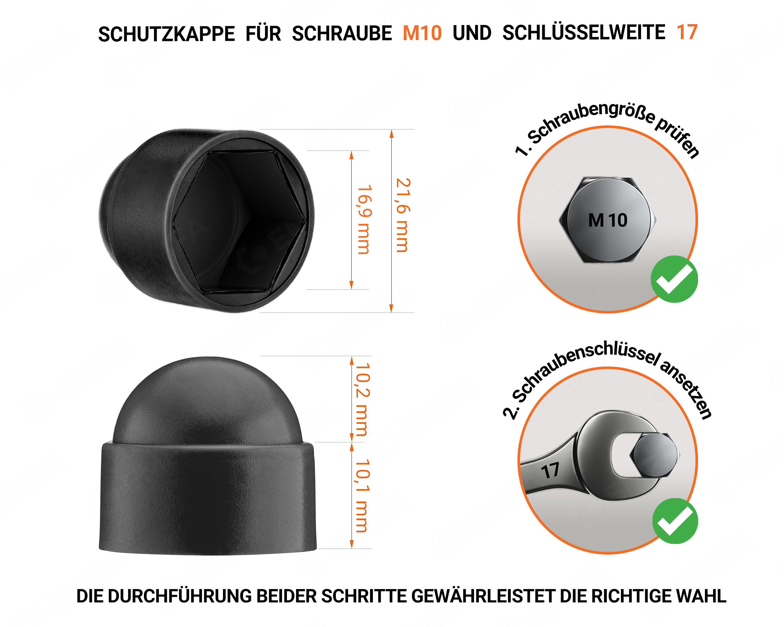 Schwarze Schutzkappen für Schrauben M10 Schlüsselweite 17 mit technischen Abmessungen und Anleitung für korrekte Messung