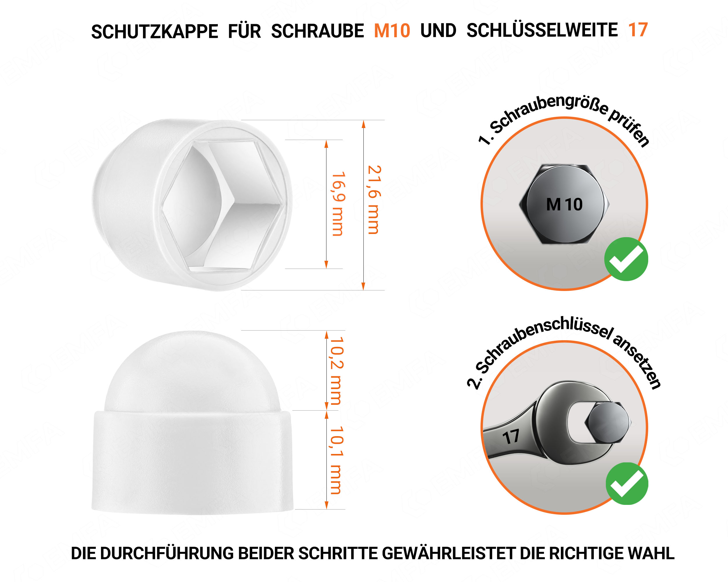 Weiße Schutzkappen für Schrauben M10 Schlüsselweite 17 mit technischen Abmessungen und Anleitung für korrekte Messung