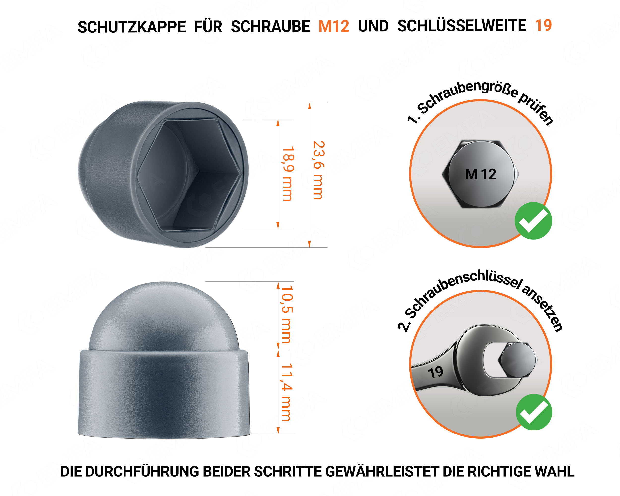 Anthrazite Schutzkappen für Schrauben M12 Schlüsselweite 19 mit technischen Abmessungen und Anleitung für korrekte Messung