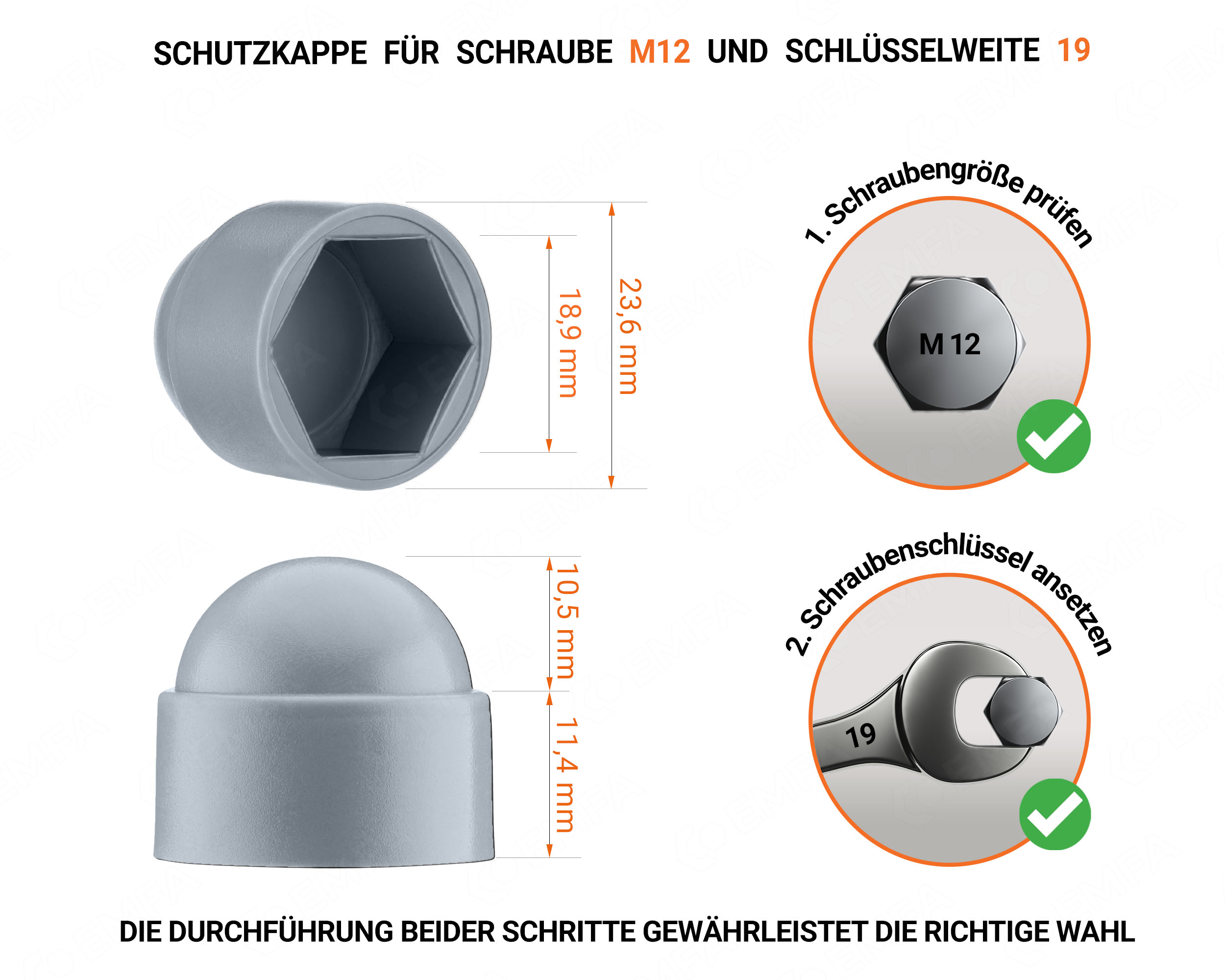 Graue Schutzkappen für Schrauben M12 Schlüsselweite 19 mit technischen Abmessungen und Anleitung für korrekte Messung