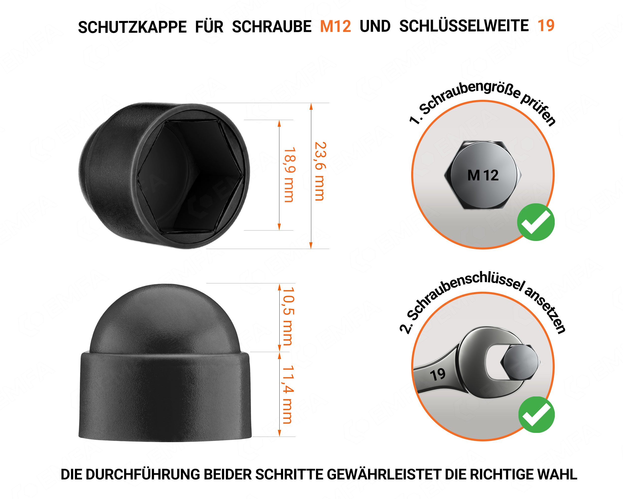 Schwarze Schutzkappen für Schrauben M12 Schlüsselweite 19 mit technischen Abmessungen und Anleitung für korrekte Messung