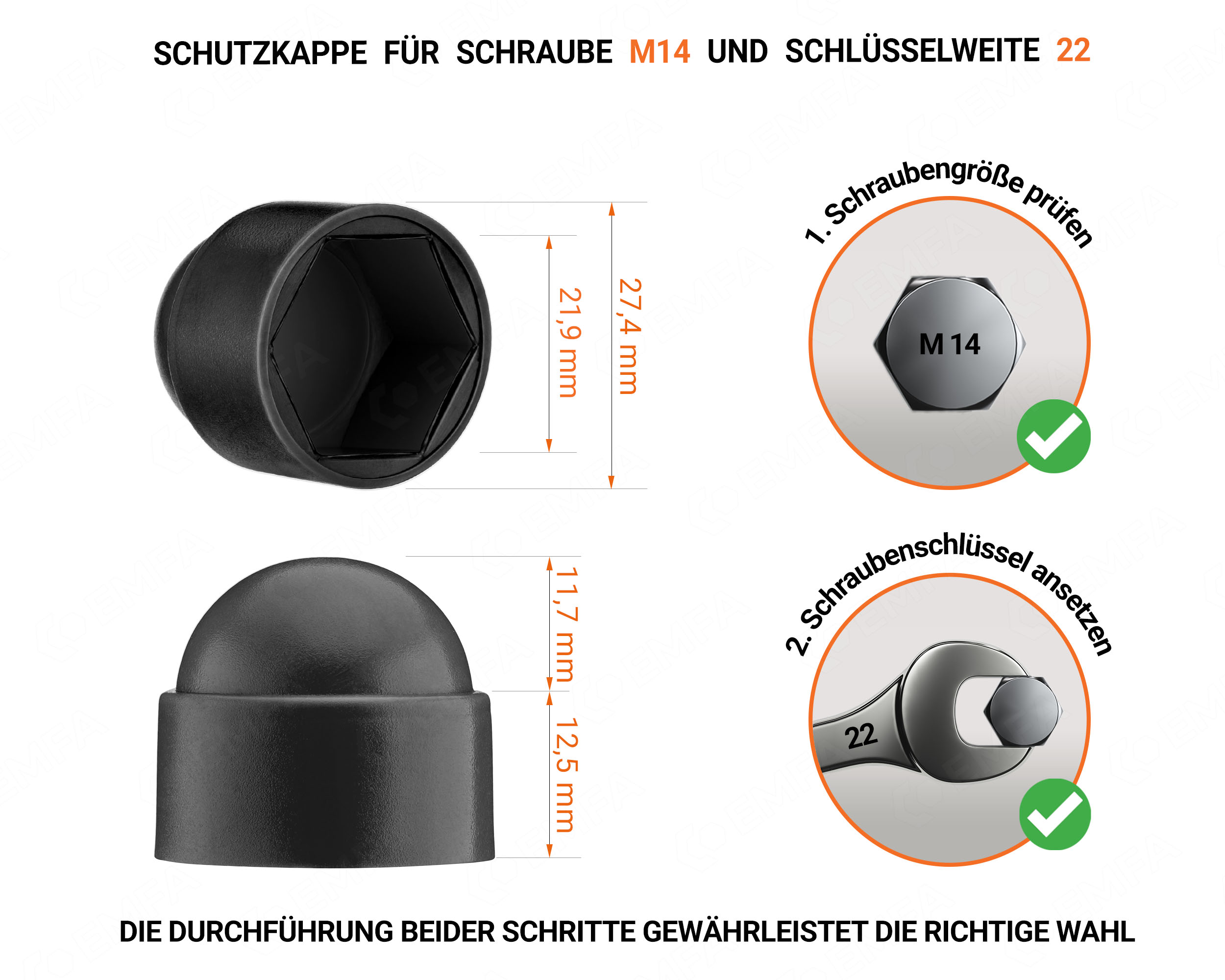 Schwarze Schutzkappen für Schrauben M14 Schlüsselweite 22 mit technischen Abmessungen und Anleitung für korrekte Messung