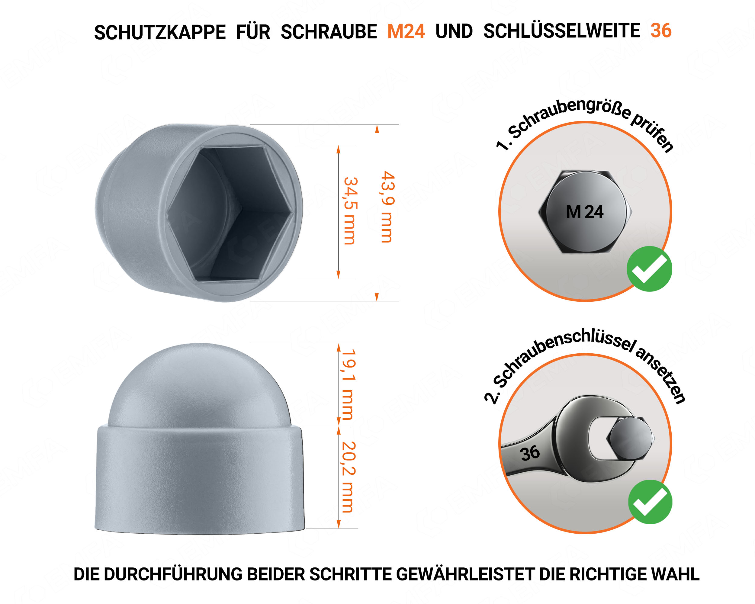 Graue Schutzkappen für Schrauben M24 Schlüsselweite 36 mit technischen Abmessungen und Anleitung für korrekte Messung