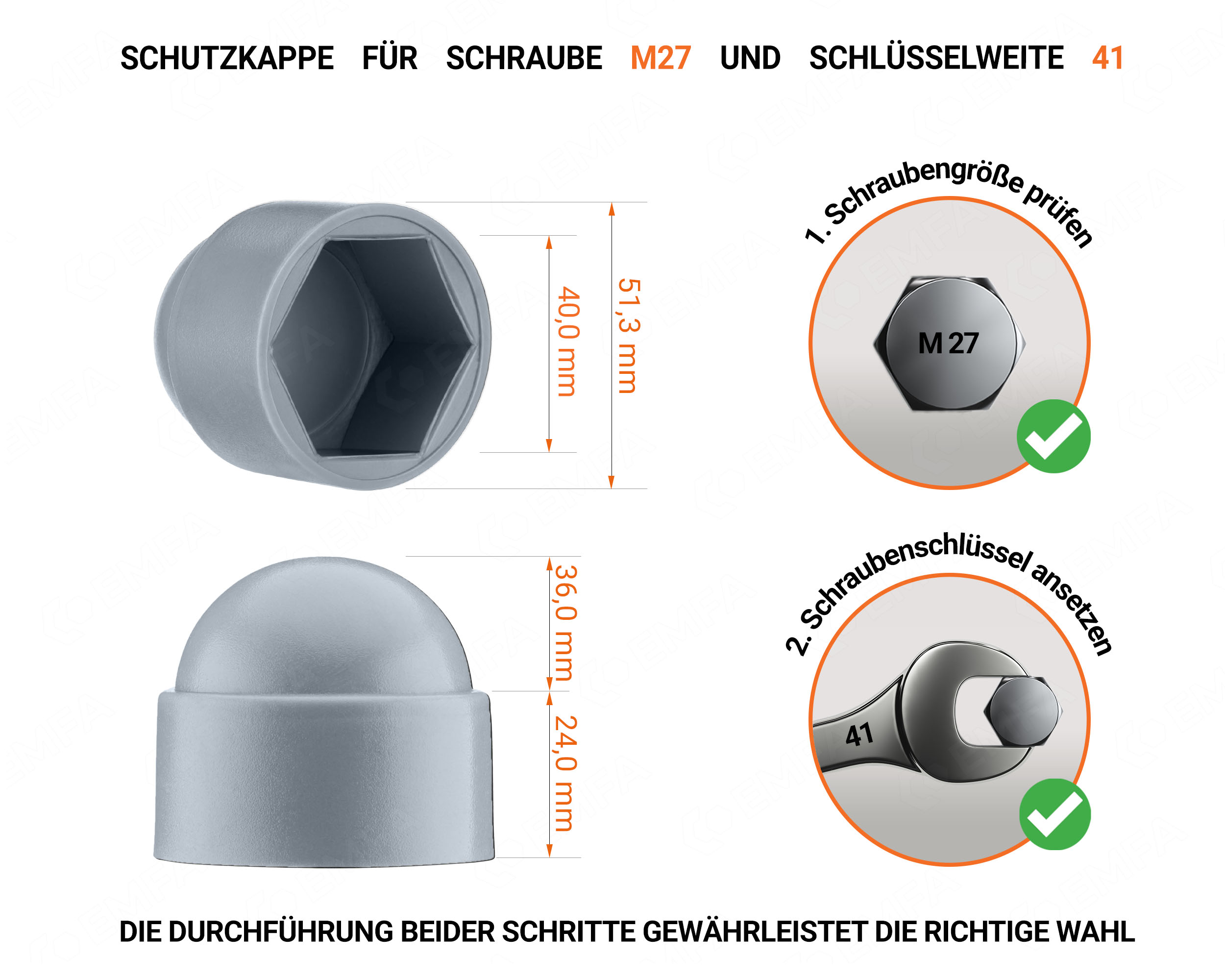 Graue Schutzkappen für Schrauben M27 Schlüsselweite 41 mit technischen Abmessungen und Anleitung für korrekte Messung