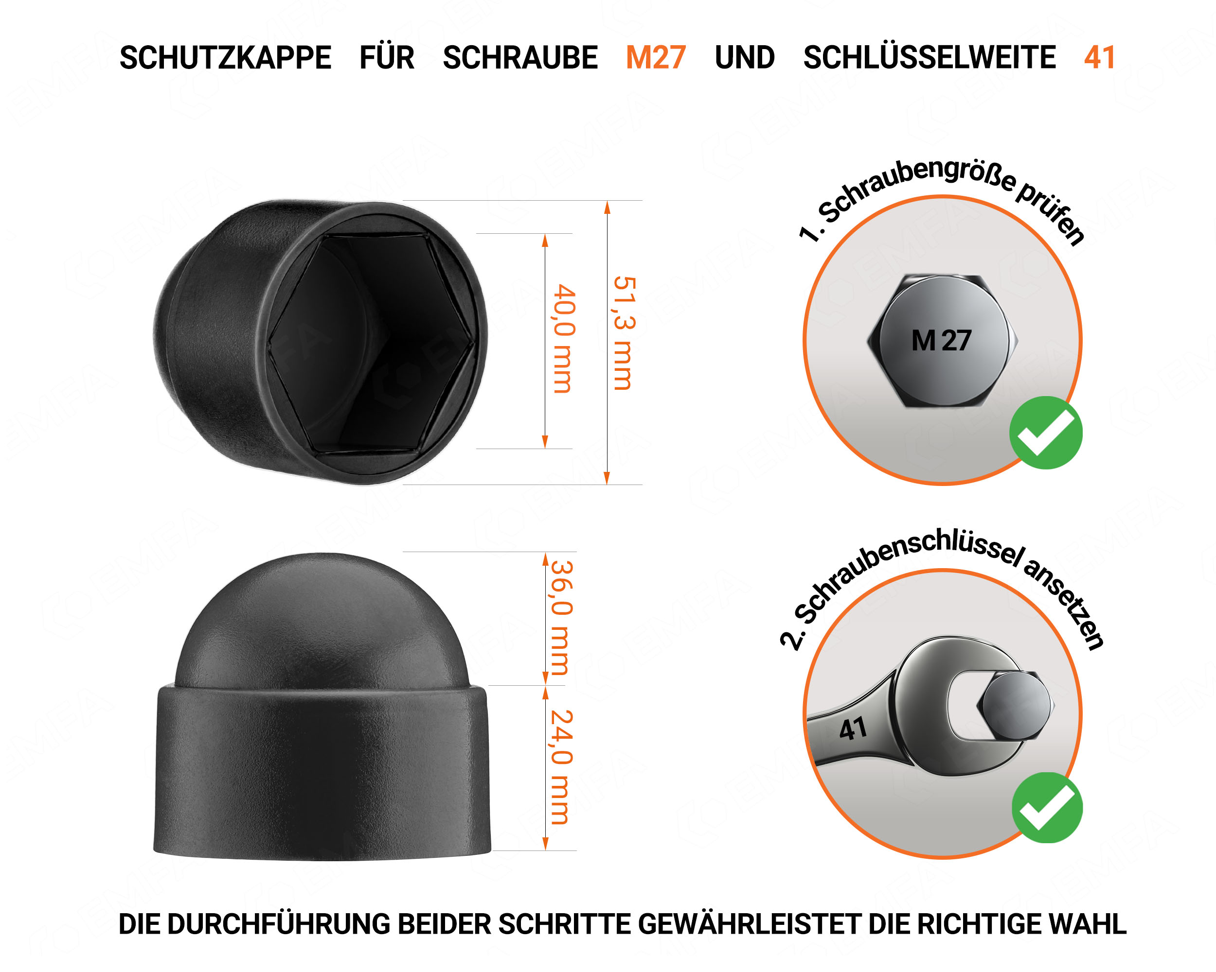 Schwarze Schutzkappen für Schrauben M27 Schlüsselweite 41 mit technischen Abmessungen und Anleitung für korrekte Messung