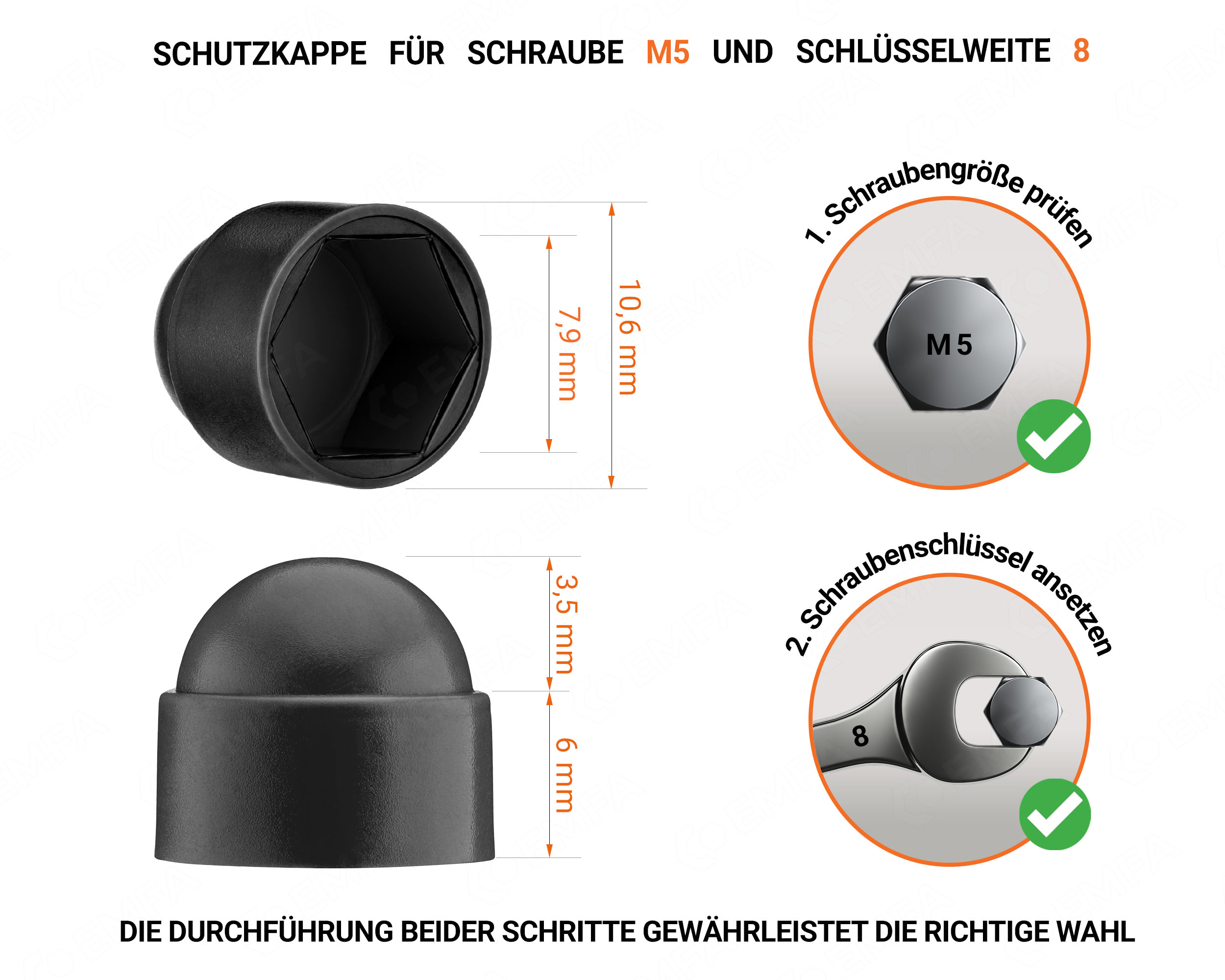 Schwarze Schutzkappen für Schrauben M5 Schlüsselweite 8 mit technischen Abmessungen und Anleitung für korrekte Messung