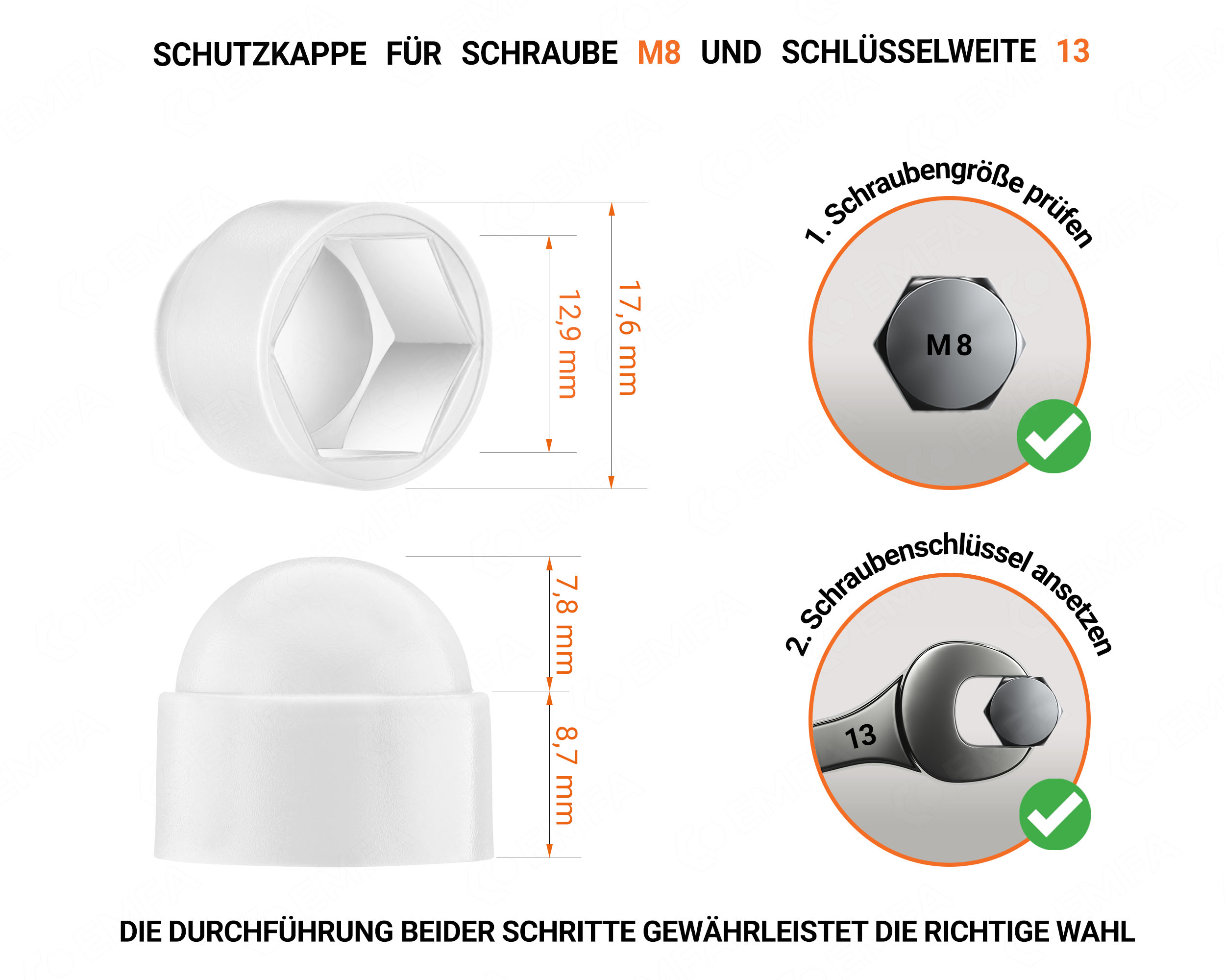 Weiße Schutzkappen für Schrauben M8 Schlüsselweite 13 mit technischen Abmessungen und Anleitung für korrekte Messung